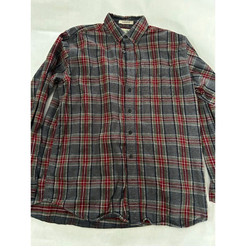 LL Bean Shirt Mens Large Plaid Flannel Button Long Sleeve Red Grey Cozy Preppy